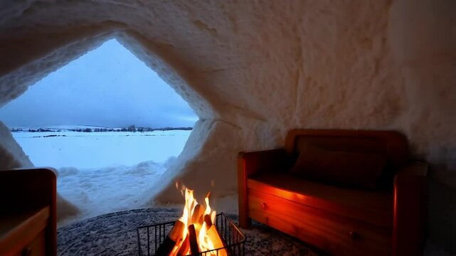 Cozy igloo interior with fireplace and snow outside, warm wooden furnishings. Seamless looping time-lapse video background