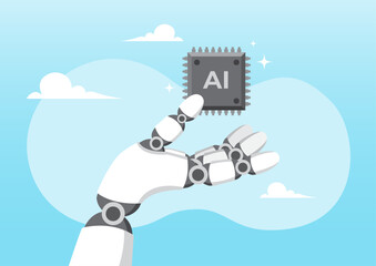 Robotic hand hold processor chip with the word AI