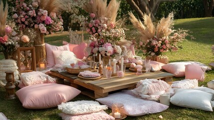 花々に囲まれた公園での屋外ピクニックのセッティング