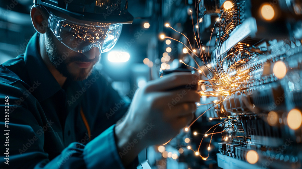 Poster technician performing precision wiring in high-tech facility industrial environment engineering conc