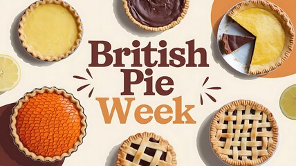 Flat Lay Composition Celebrating British Pie Week with Various Pies on a Light Beige Background, Featuring Playful Typography and Warm Colors