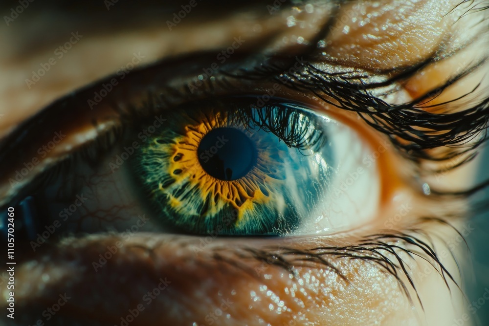 Poster an intricate and sharply focused image showcasing the mesmerizing colors and details of a human eye,