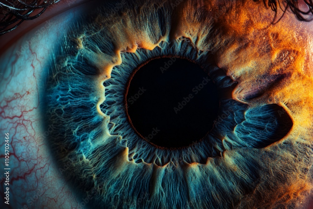 Poster An extreme close-up of a vibrant iris reveals intricate patterns and vivid hues, capturing the essence of human individuality and the captivating complexity within.