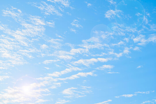 Vast blue cloudy sky background, blue picturesque sky view, amazing blue sky landscape with cumulus fluffy clouds
