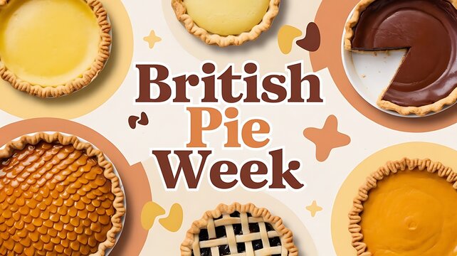 Flat Lay Composition Celebrating British Pie Week with Various Pies on a Light Beige Background, Featuring Playful Typography and Warm Colors