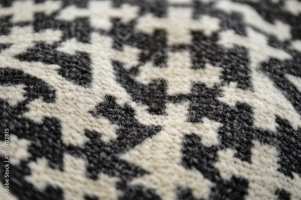 Poster a detailed black and white patterned knitted textile, showcasing complex geometric shapes that add d