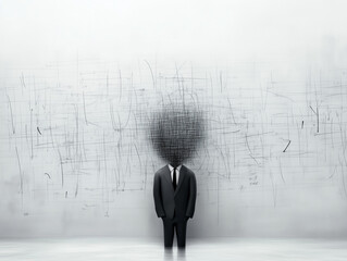 Fototapeta premium Minimalistic depiction of an abstract man in a suit with his head covered in scribbles. White wall covered in similar hand-drawn lines. 