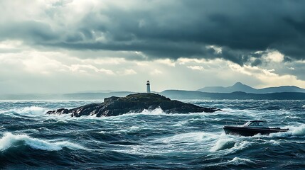 Stormy Seas Battering a Small Boat Near a Lighthouse