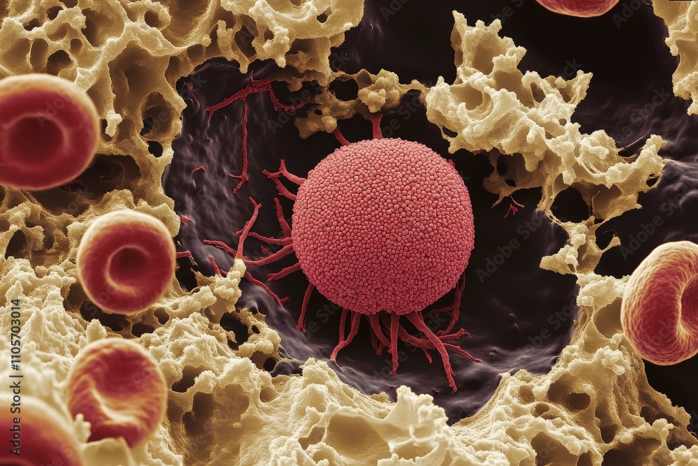 Poster A vivid close-up of a virus-like structure, featuring a prominent red center with surrounding complex textures, possibly symbolizing health or scientific exploration.