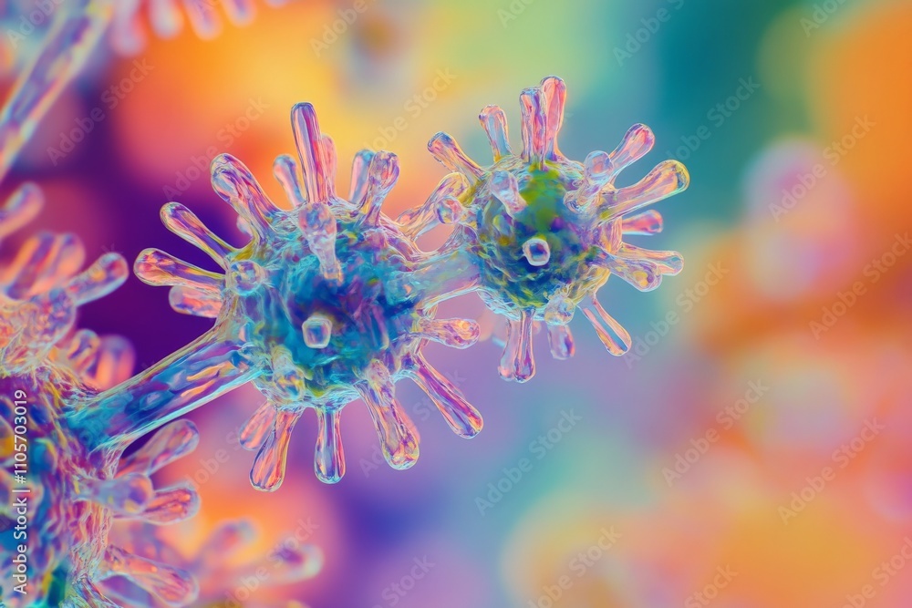 Aufkleber Artistic representation illustrates viral structures with a conceptual approach, combining vivid colors and abstract form to depict microbial interaction and complexity.