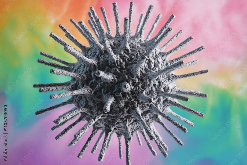 Poster High-definition display features a viral form with prominent spikes, artistically designed to emphasize uniqueness and scientific innovation blending research and reality.