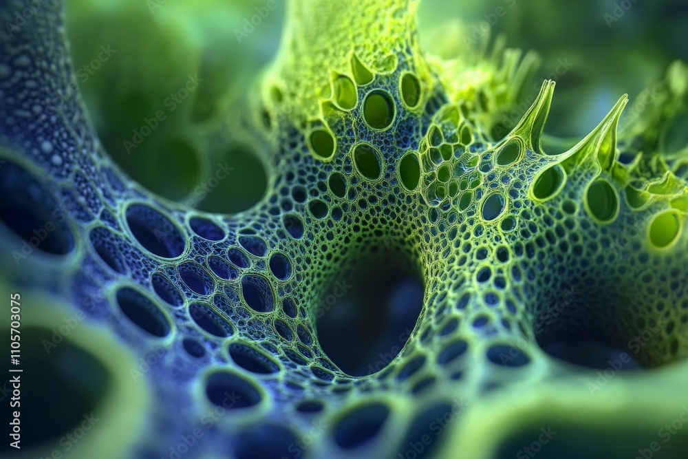 Aufkleber Digital artwork of cellular structures forming an intricate network, featuring vivid green and blue tones, representing the complexity and beauty of life at the microscopic level.