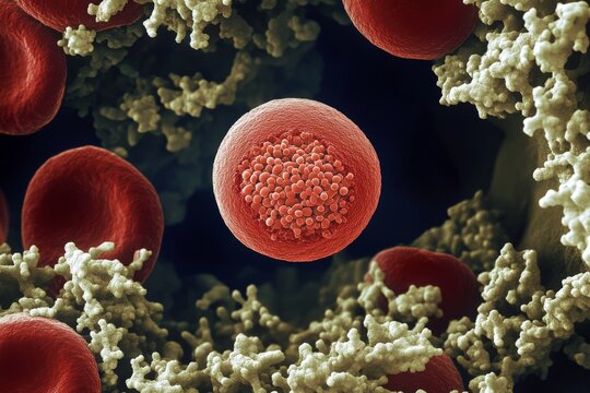 High-resolution image depicts immune cells interacting within the bloodstream, showcasing cellular-level interactions with blood cells and microbial structures.