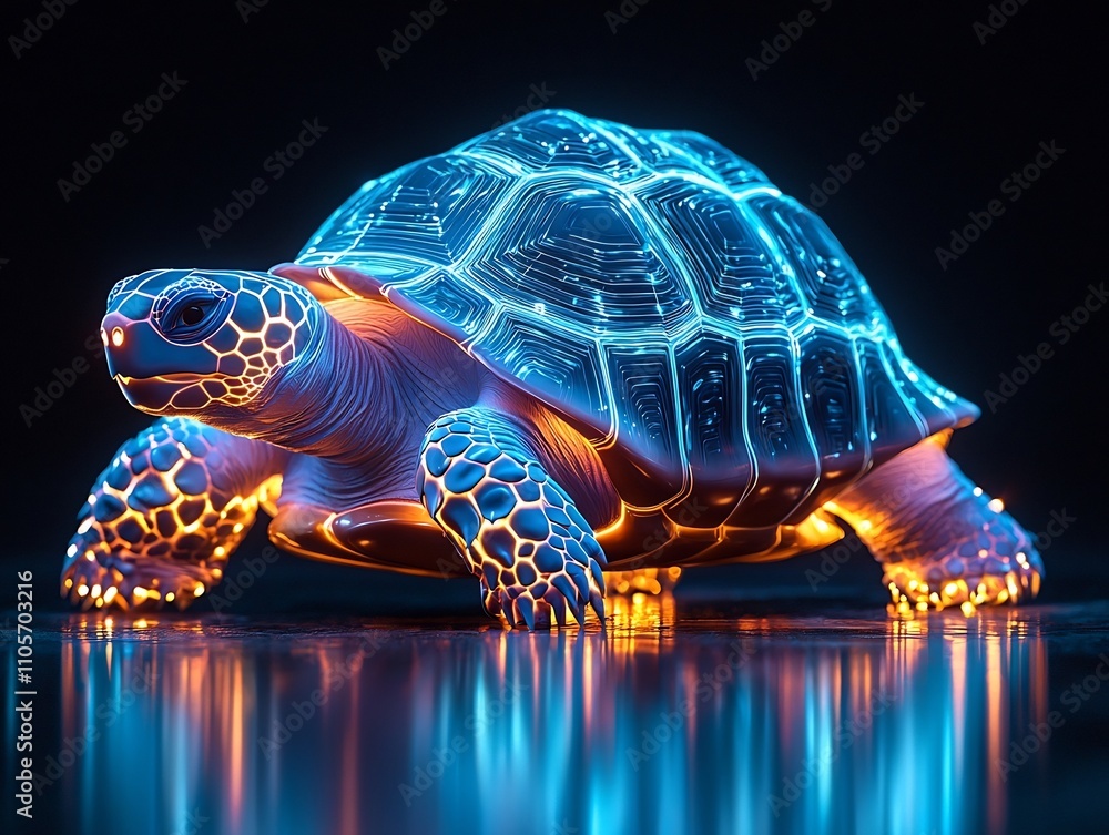 Poster neon tortoise slowly walking with glowing intricate shell against black background