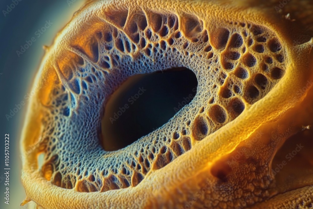 Poster An up-close view of a unique organic structure with detailed textures and warm orange and blue tones, showcasing the complexity of biological forms.