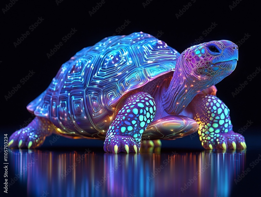 Poster neon tortoise with glowing patterned shell isolated on black background