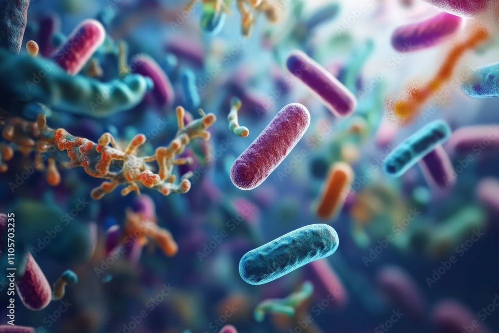 Poster a detailed microscopic view featuring diverse bacteria in a colorful landscape, showcasing the compl
