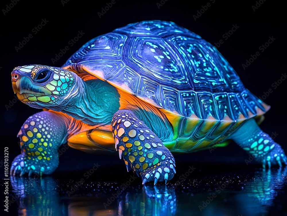 Poster glowing neon tortoise with intricate patterned shell on dark background