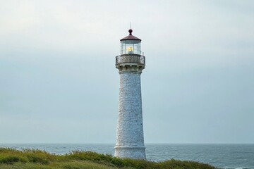 Fototapeta na wymiar Historic lighthouse standing tall against the calm ocean under a cloudy sky