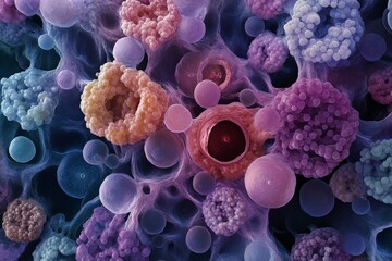 Featuring vibrant colors, this image illustrates abstract cellular formations, creating a visually captivating representation of life, energy, and organic unity.