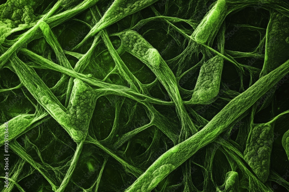 Poster This image showcases an intricate green network pattern that resembles a microscopic view of plant cells, highlighting their complex interconnectedness and beauty.
