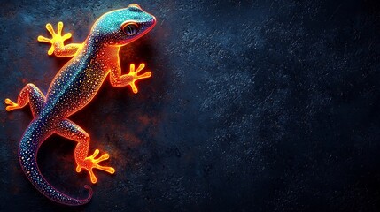 Neon Gecko Climbing Glowing Wall with Vibrant Colors and Copy Space