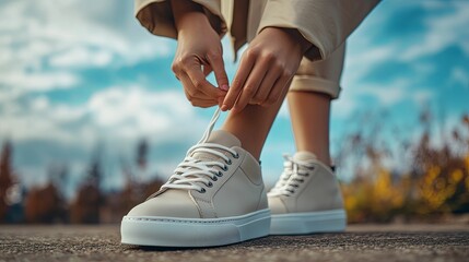 Woman tying laces on her beige sneakers outdoors