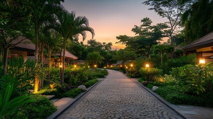 Obraz premium 緑豊かな石畳の道と美しい庭園