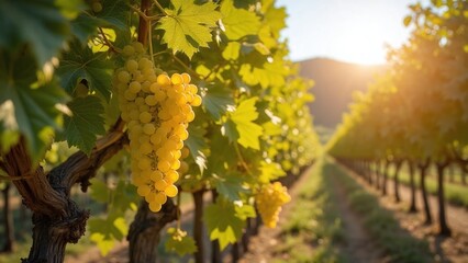 Lush vineyard sunny day green grapes ripe leaves veins