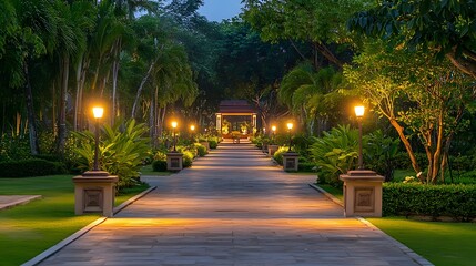 Fototapeta premium 緑豊かな石畳の道と美しい庭園