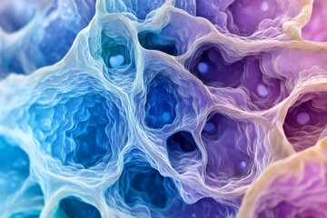 The image showcases a striking cellular pattern with a gradient of blues and purples, resembling a deep dive into microscopic organic structures and abstract artistry.