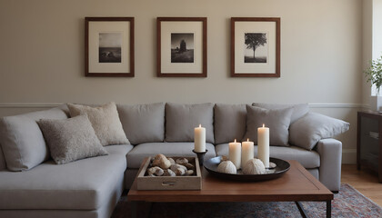 A modern living room with a sofa against a soft colour wall featuring vertical poster frames in wooden frame borders 3d illustration template