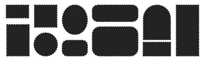 Set of frames with squiggly of wavy edges. Stamps with rectangle and circle shapes. Vector illustration.
