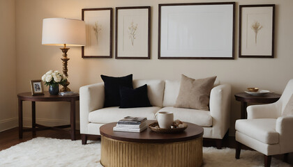 A modern living room with a sofa against a soft colour wall featuring vertical poster frames in wooden frame borders 3d illustration template