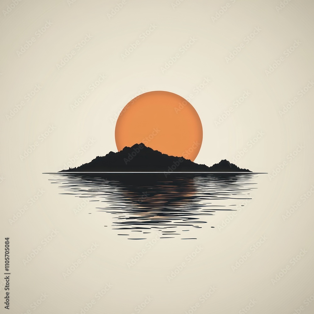 Poster here's a and keyword list for your image.. minimalist sunset over calm water reflecting mountains.