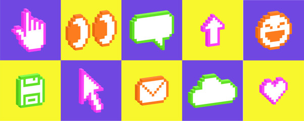 Set of 3d pixel art icons of emoji, arrow, cloud, eye, heart, email. Pack of pixelated emoji icons. 8-bit retro vector illustration of emoticons.