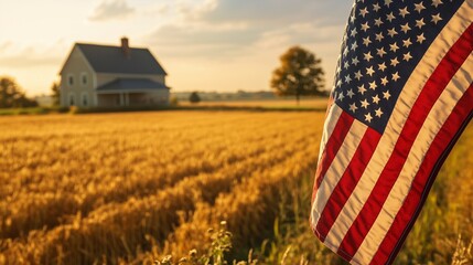 American Flag Over a Rural Landscape Copy space for text 
