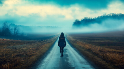Journey defines a solitary figure walking down a foggy road, where the serene landscape meets an air of mystery, inviting contemplation and adventure.