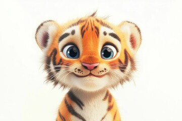 Cute orange tiger cub, large eyes, white background.