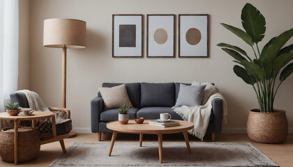 A modern living room with a grey colour sofa against a soft colour wall featuring vertical poster frames in wooden frame borders 3d illustration template