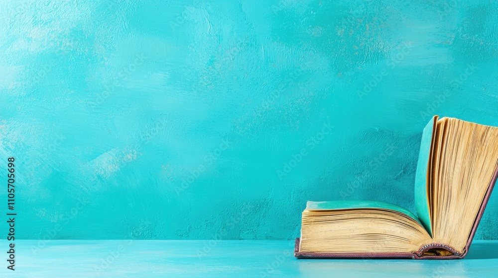 Poster open book on turquoise background representing knowledge and learning