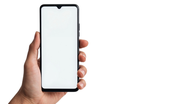 Hand Holding Modern Smartphone With Blank White Screen Display, Transparent Background.