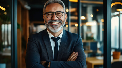 Fototapeta premium Smiling middle-aged man with glasses and a gray beard wearing a suit in a modern office environment.