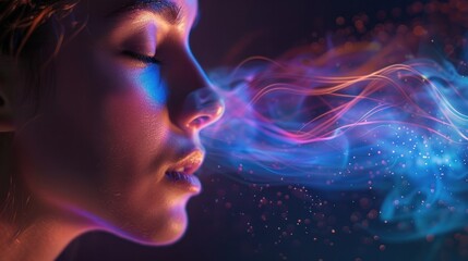 Mesmerizing close up portrait of a woman s face surrounded by a mystical colorful vapor or mist creating a surreal ethereal and captivating atmosphere  The swirling