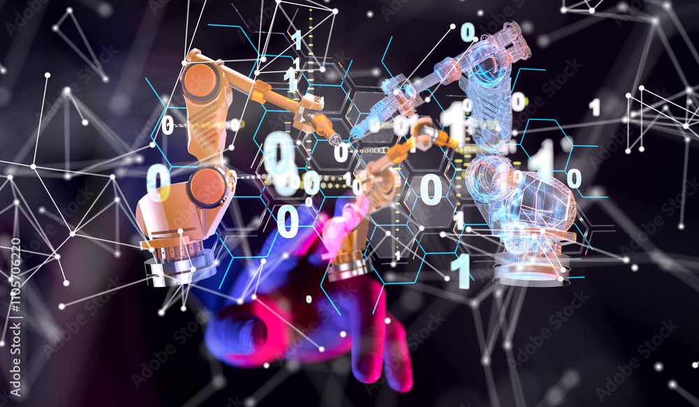 Poster neural network 3d illustration. big data and cybersecurity