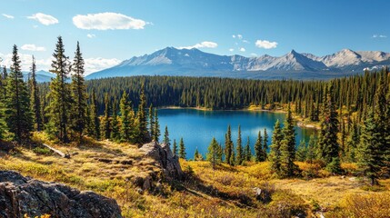 Fototapeta premium A breathtaking view of a pristine Canadian forest with mountains and a clear blue lake.