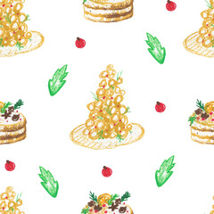 Seamless pattern with Christmas food on white isolated background hand drawn with wax crayons. New Year elements with oil pastels.