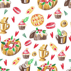 Seamless pattern with Christmas food on white isolated background hand drawn with wax crayons. New Year elements with oil pastels.