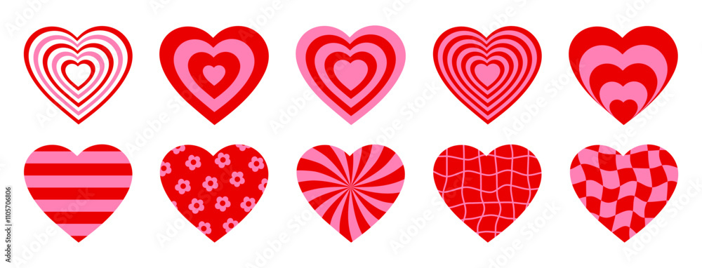Poster Vector set romantic hearts in pink and red colors. Retro background in style 70s, 80s. Concentric hearts isolated icons