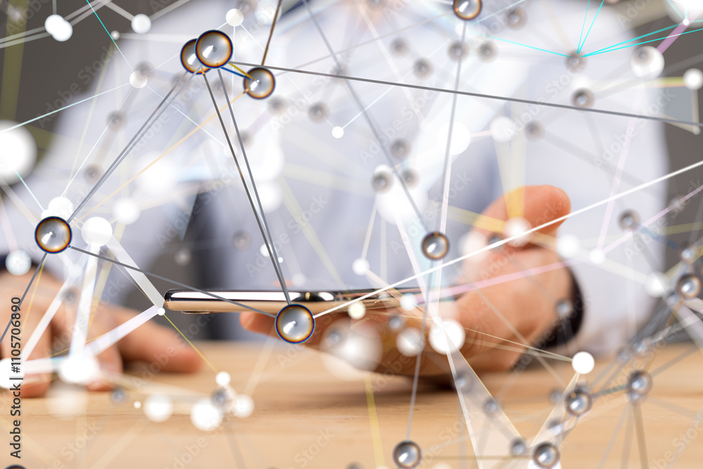Poster network holding in hand 3d connection data